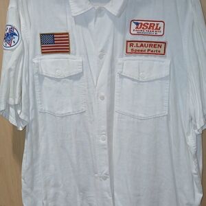 Denim & Supply Ralph Lauren White Short-Sleeve Button-Up with Racing Patches